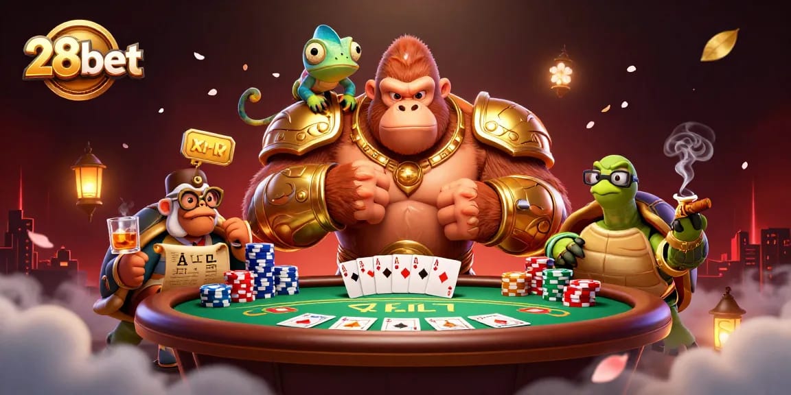 Engage with exciting 28bet poker action featuring a gorilla king, chameleon spy, and tortoise elder.