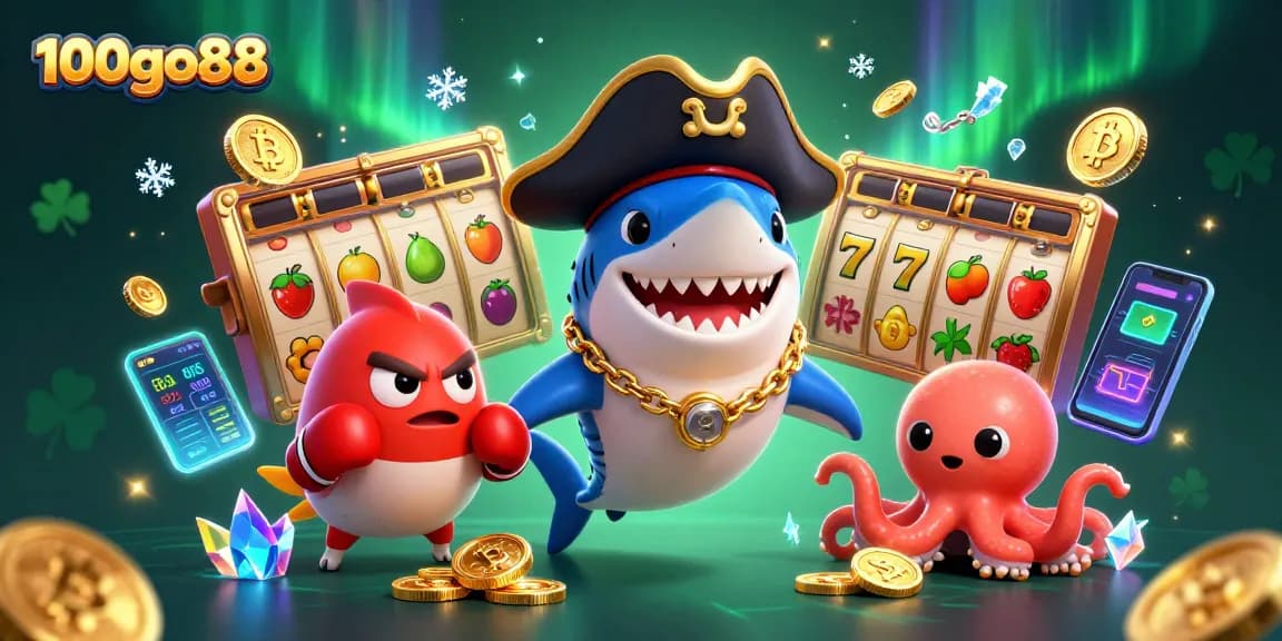 Spin and win at 100go88 with vivid slots, pirate characters, and glowing coins in an exciting casino scene.
