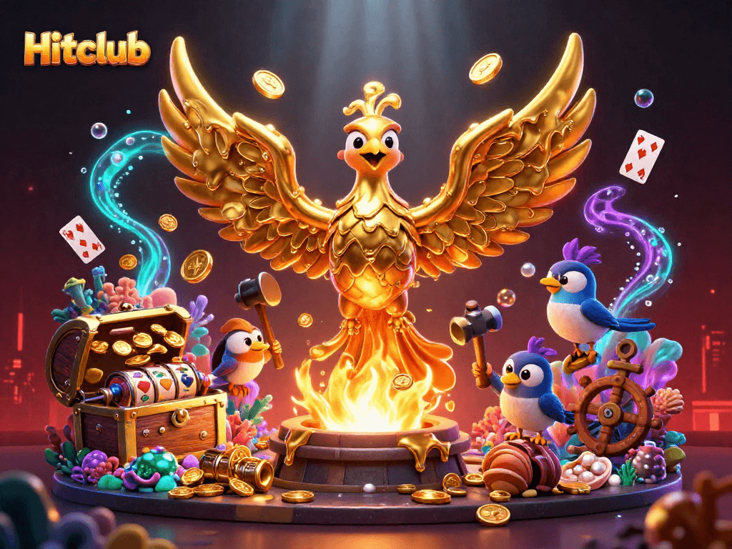 Hitclub showcases a golden phoenix soaring with coins amidst vibrant underwater slot elements, capturing excitement.