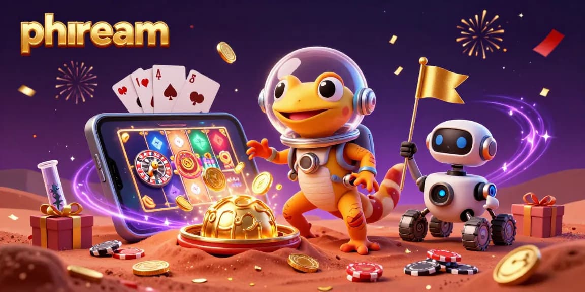 phdream highlights a cartoon Martian gecko exploring a golden casino with exciting game elements.