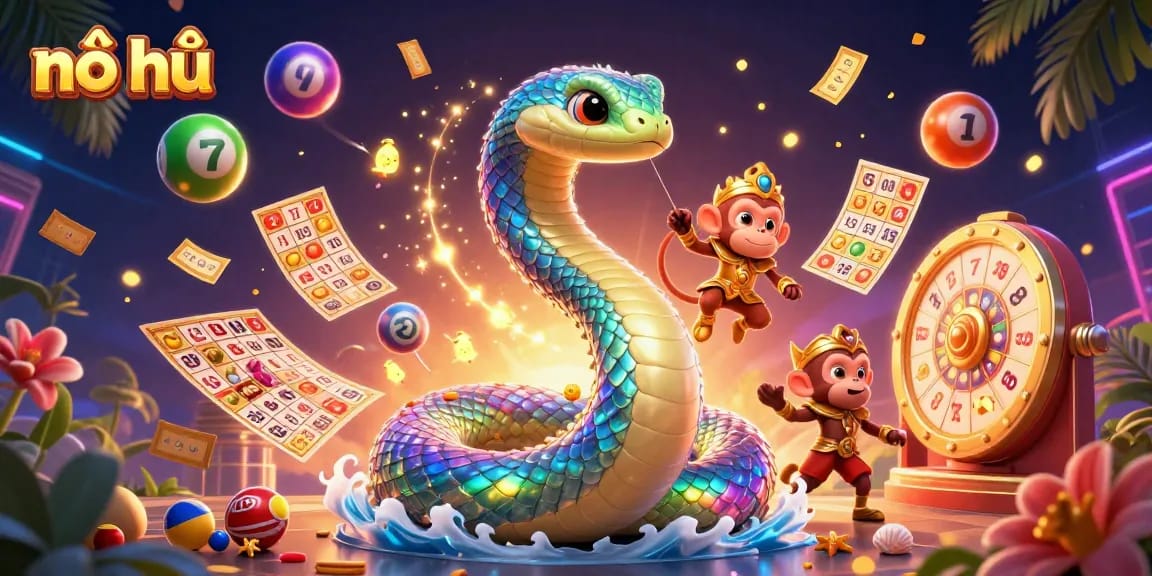 Nổ hũ illustration showcasing vibrant slot reels and dynamic gaming elements, capturing excitement and engagement.