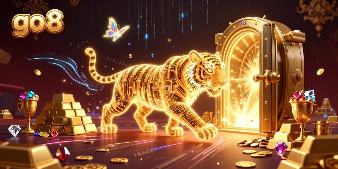 Experience thrilling gameplay at go 8 with a vibrant digital casino scene featuring a golden tiger and dynamic treasures.