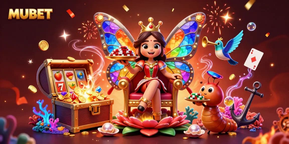 MUBET showcases a vibrant casino scene with a butterfly queen, chip-bearing caterpillars, and colorful slot elements.