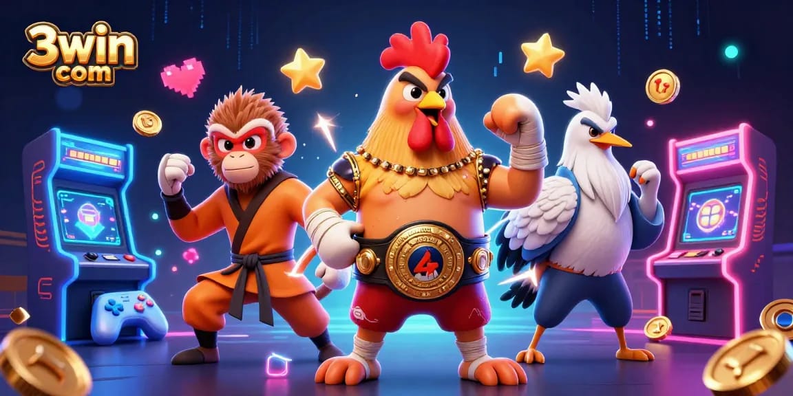 Experience thrilling action at 3win com with vibrant casino and gaming characters amid glowing arcade elements.