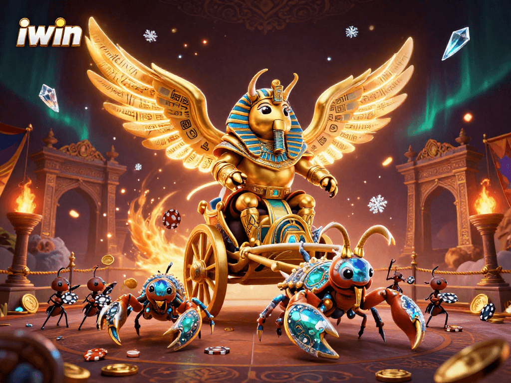 Experience the thrill of iwin with a vibrant casino scene featuring a colossal golden scarab beetle.
