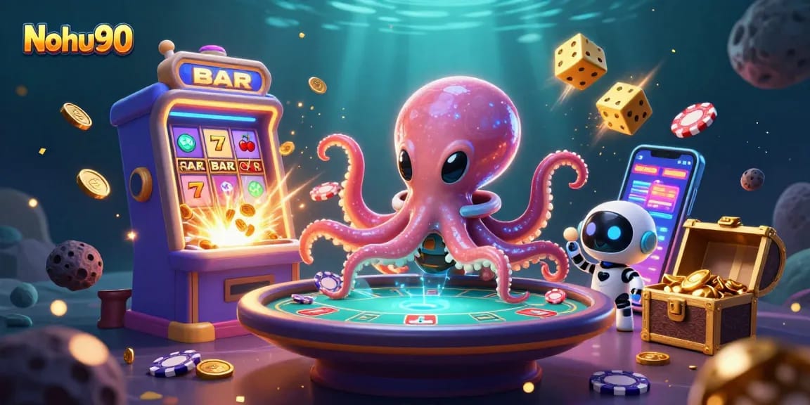 Nohu90 offers exciting gameplay with an alien octopus at a holographic poker table surrounded by casino elements.