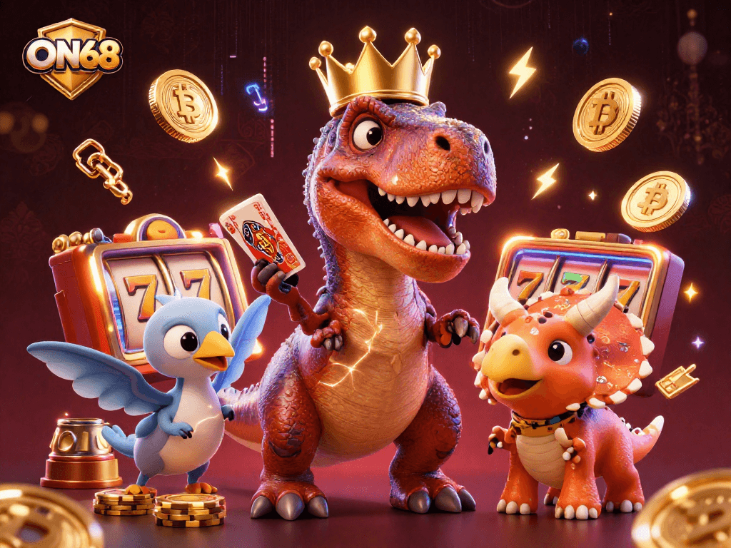 Experience the thrill of ON68 with a T-Rex card game scene filled with slots and crypto elements.