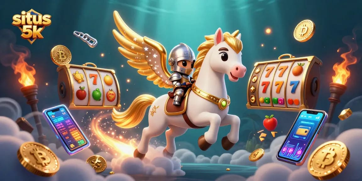Experience thrilling gameplay at situs 5k with exciting slot reels and golden winged characters.