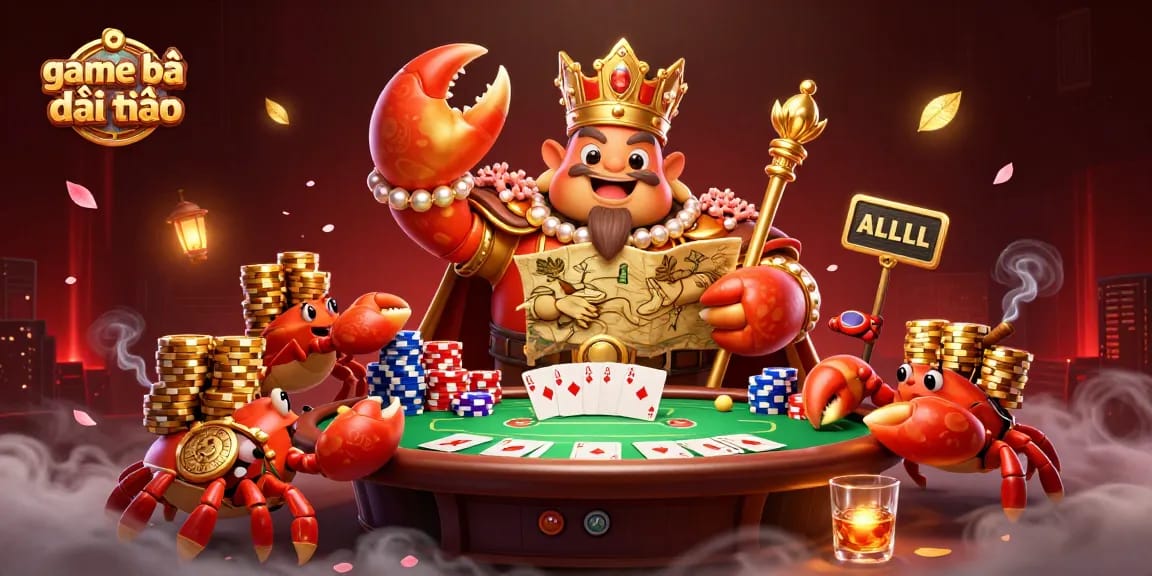 Experience the excitement of game bài đổi thưởng with a vibrant 3D crab character, poker elements, and rich details.