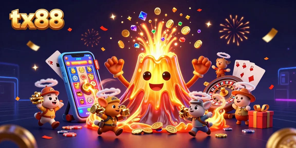 Experience the thrilling world of tx 88 with a triumphant volcano erupting coins and treasure in an exciting casino scene.
