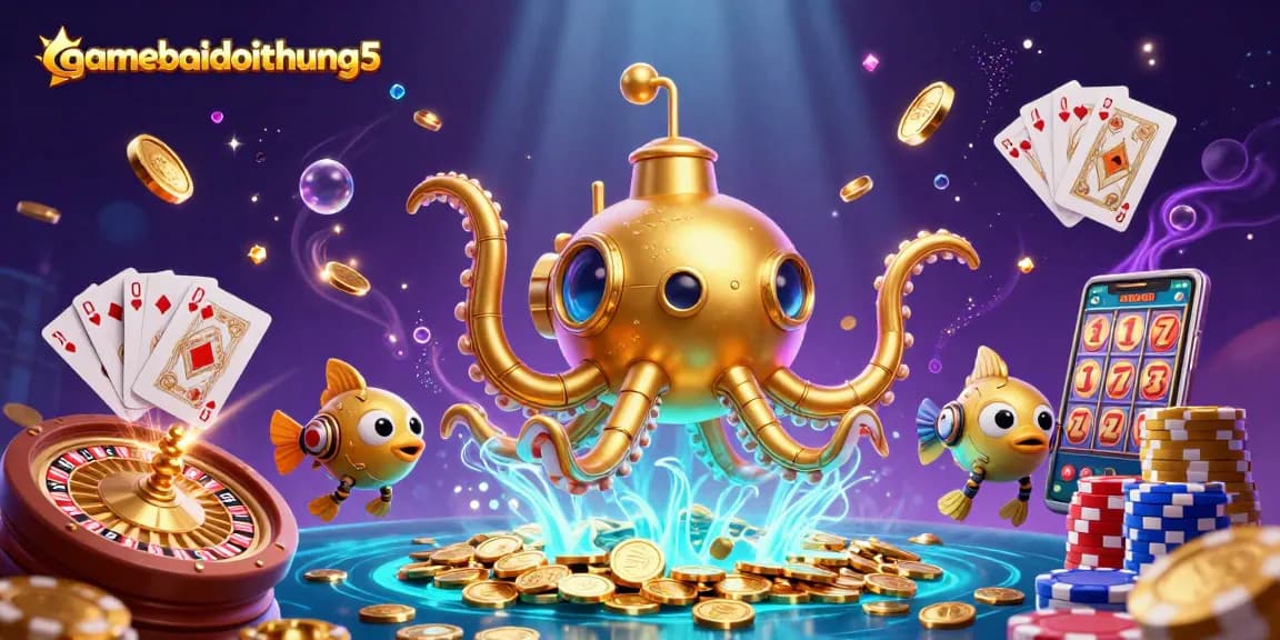 Engage with gamebaidoithuong5 in a vibrant 3D casino scene featuring winning elements like coins, cards, and slots.