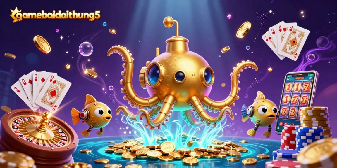 Engage with gamebaidoithuong5 in a vibrant 3D casino scene featuring winning elements like coins, cards, and slots.