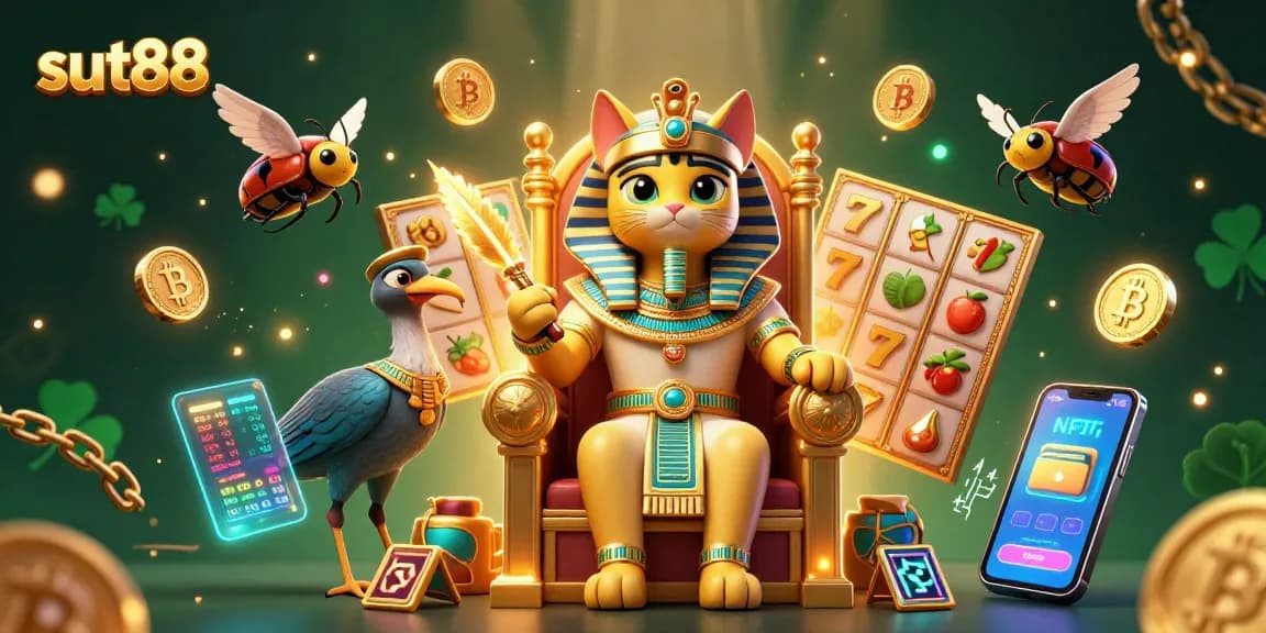 Sut88 players enjoy immersive slot games with vibrant characters and crypto elements in an engaging casino scene.