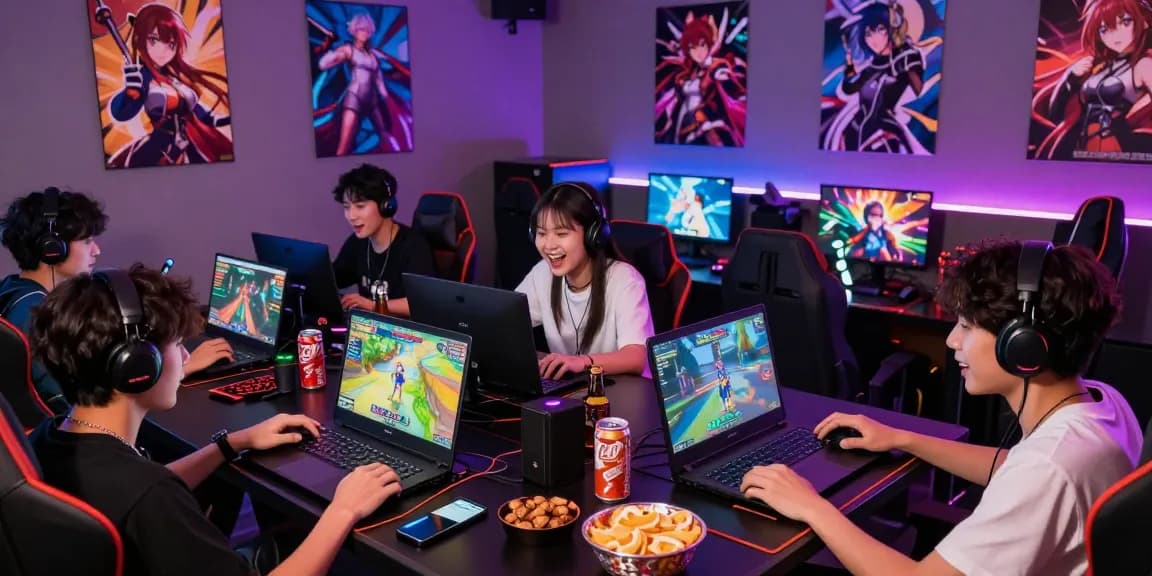 Enjoying ecchi games online in a vibrant gaming lounge with diverse players, devices, and snacks.