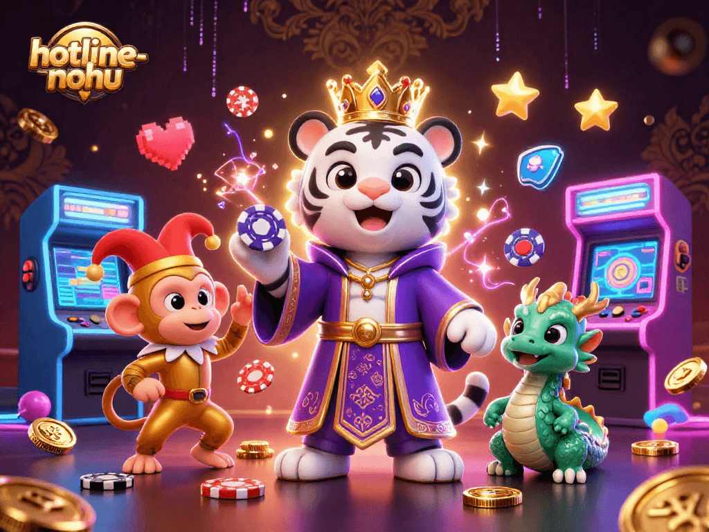 Exciting game scene with hotline-nohu aesthetics featuring a royal tiger, jester monkey, and lively dragon amidst casino elements.