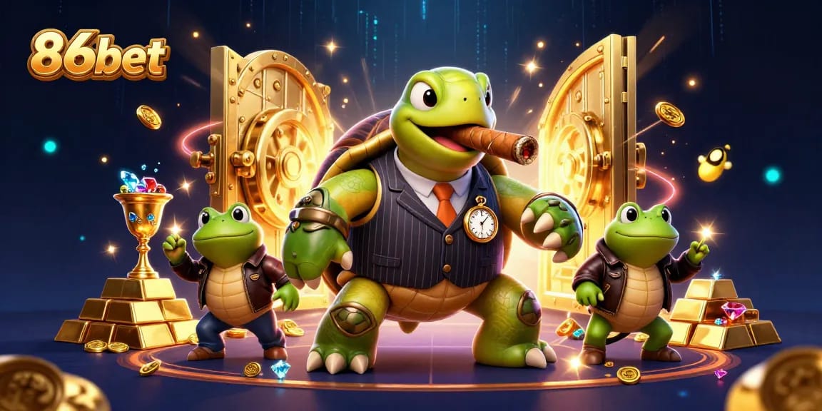 Experience gaming excitement with 86bet in a vibrant casino setting featuring characters and treasure.