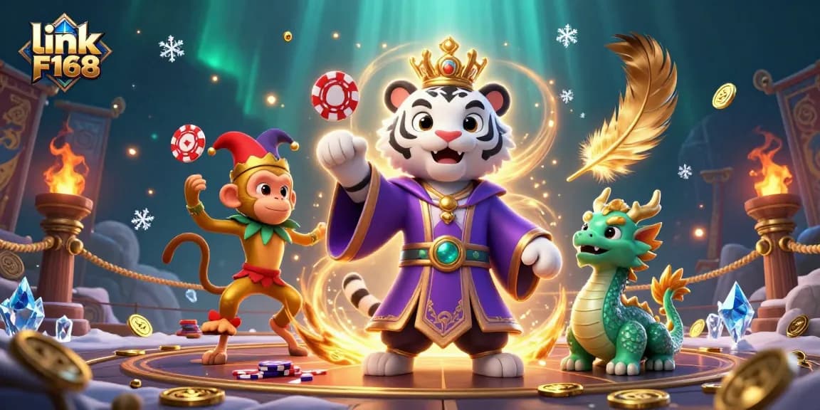 Experience the excitement of link F168 with a dynamic scene of a regal tiger and playful monkey in a casino setting.