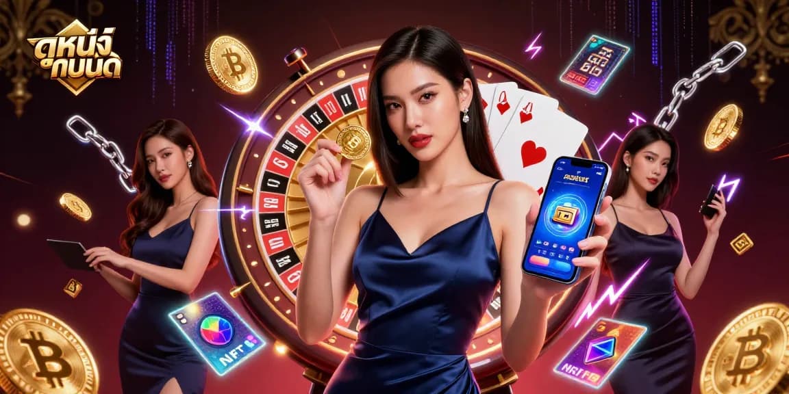 Experience ดูหนังออนไลน์ with a dazzling Asian woman, a roulette wheel, and crypto elements in a vibrant scene.