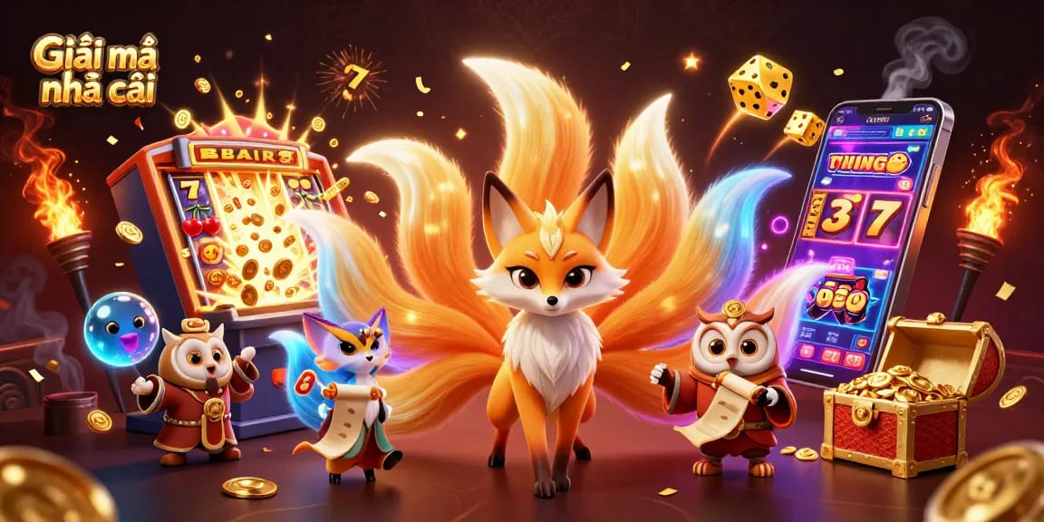 Play and win with Giãi mã nhà cái featuring a vibrant 3D casino scene full of characters and game elements.