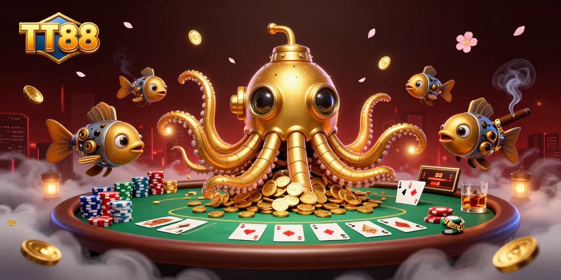Experience TT88's exhilarating casino world with a golden kraken submarine amidst poker tables and gold coins.