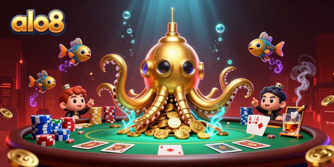 Engage with thrilling poker action at alo8, featuring a golden kraken submarine amidst gold coins.