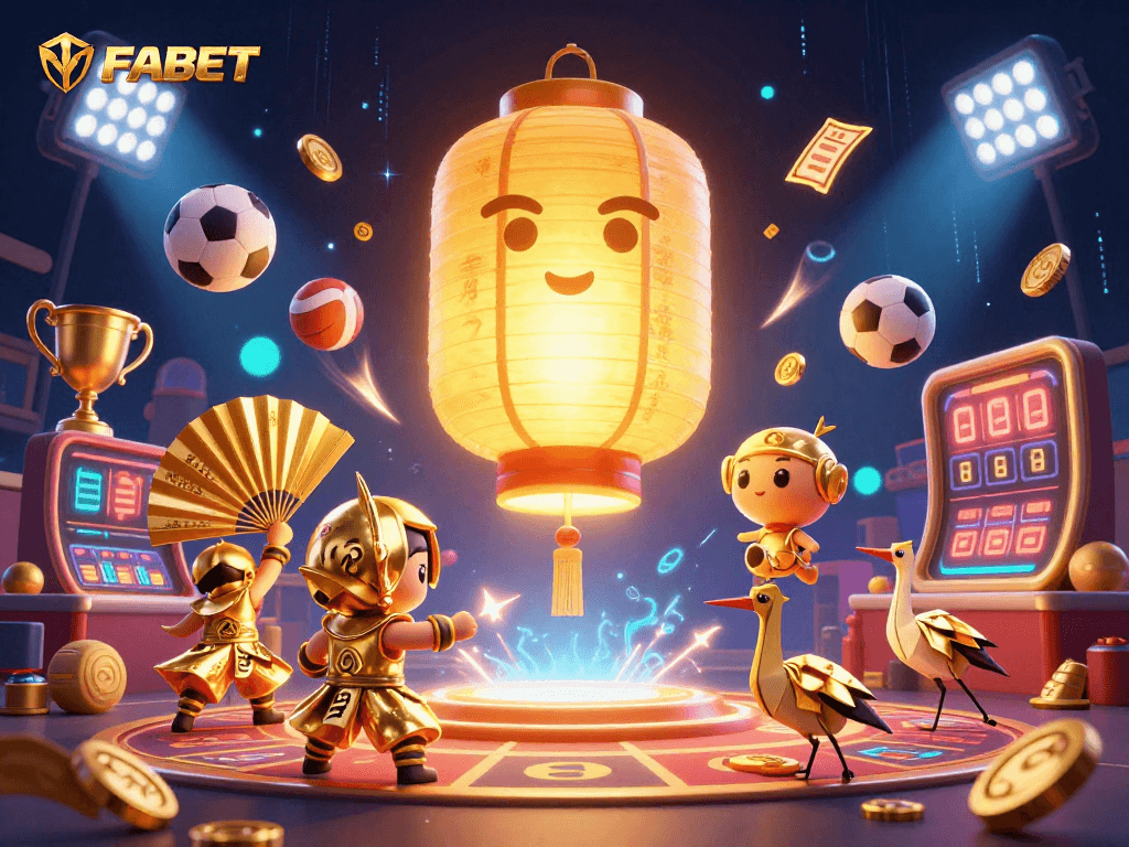FABET offers dynamic sports betting with vibrant, animated gaming elements and gold symbolism.