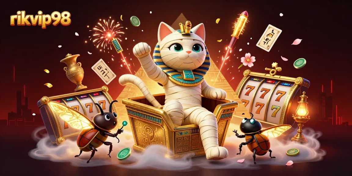 Experience thrilling wins at rikvip98 with a lively 3D pyramid casino scene featuring a mummy cat and scarab.