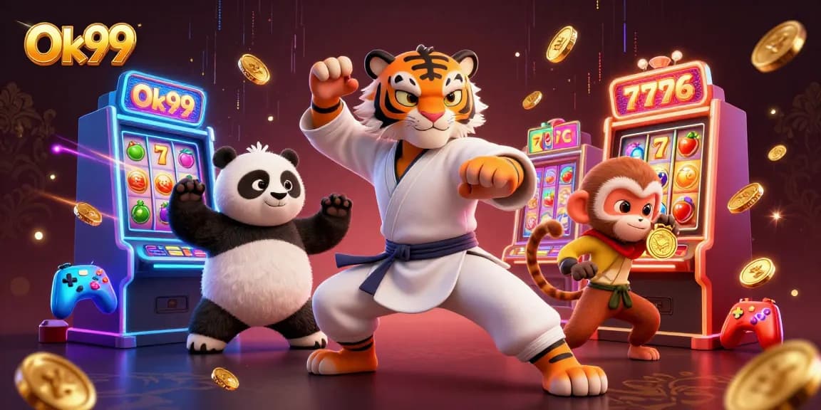 Experience high-stakes entertainment with Ok99's vibrant casino-themed adventure showcasing a kung fu tiger and friends.