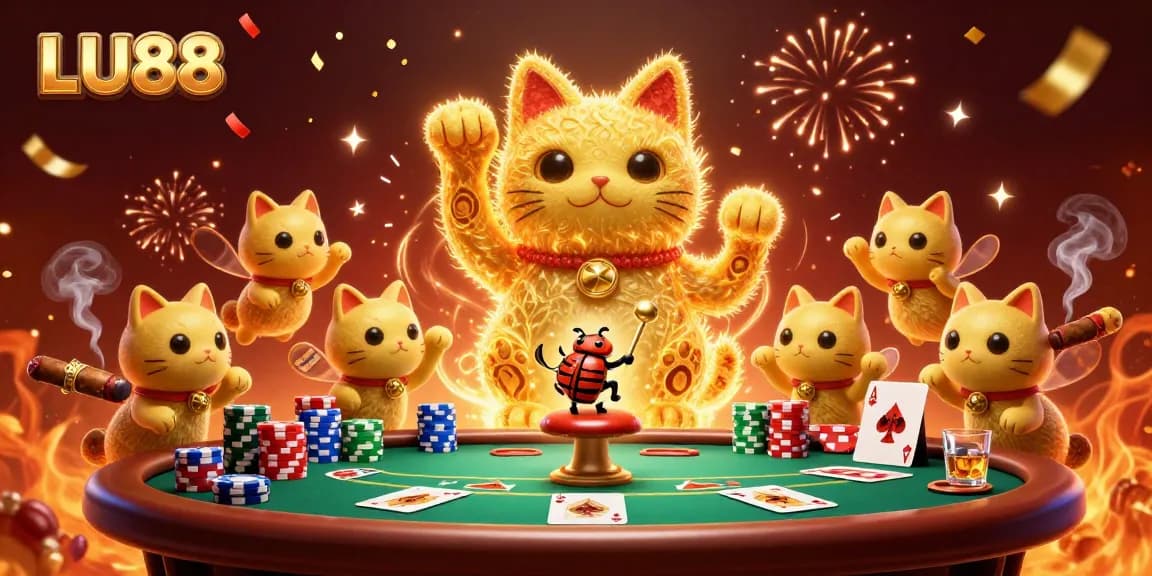 Experience LU88 with a vibrant casino scene showcasing the lucky cat amidst poker tables and excitement.