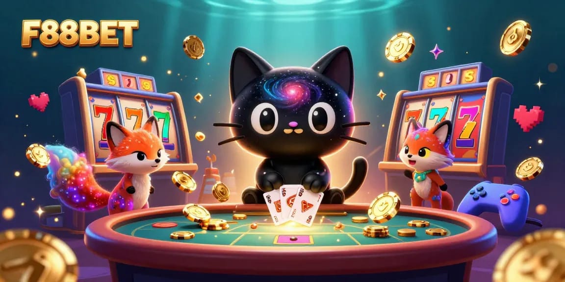 Engage with F88BET’s cosmic casino experience featuring a black hole cat and colorful fox.