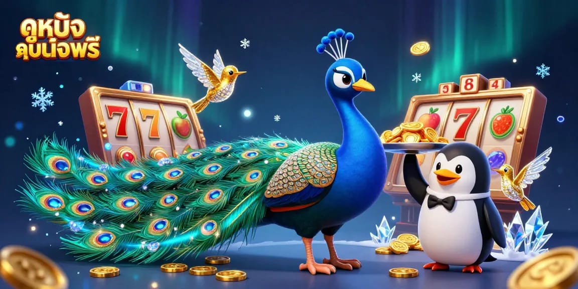 Experience ดูหนังออนไลน์ฟรี with a vibrant peacock and penguin engaged in casino fun.