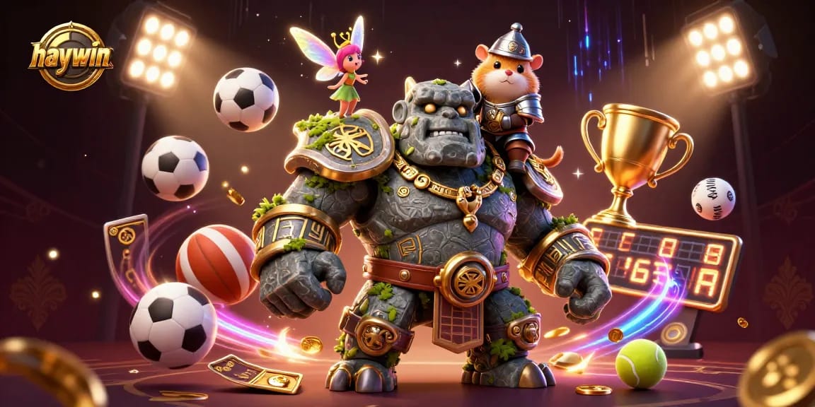 Experience thrilling action at haywin with a dynamic illustration featuring a golem, fairy, and hamster knight in a casino setting.
