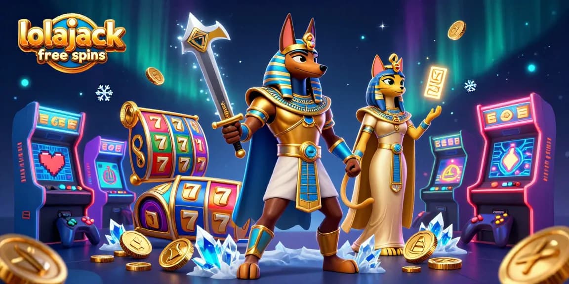Experience bonuses like lolajack casino free spins, featuring Anubis and Bastet amidst vivid casino elements.