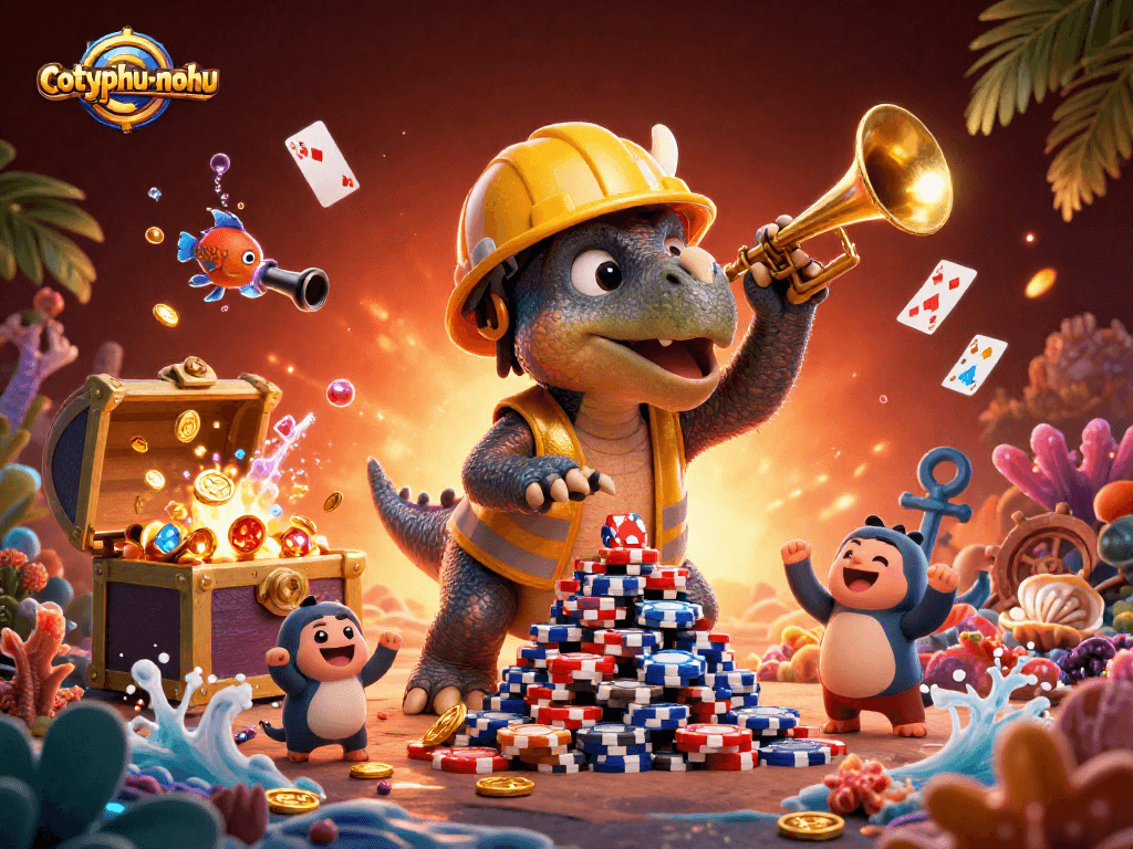 Engage in strategy with cotyphu-nohu while a triceratops builds a poker chip pyramid.