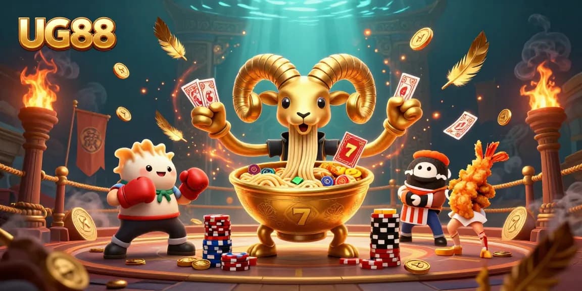 Experience the excitement of UG88 with a golden ramen bowl character in a vibrant casino scene.