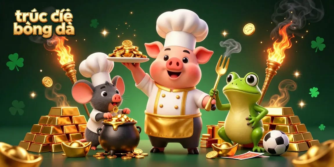 Watch trực tiếp bóng đá excitement with cartoon chef pig, mouse, and frog in rich gambling scene.