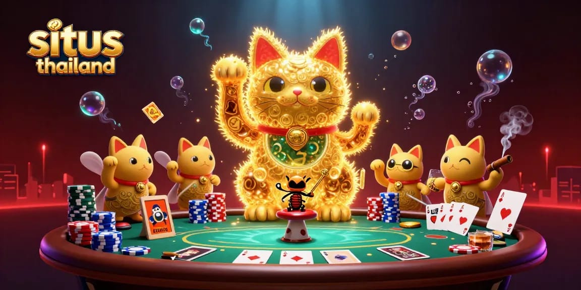 Engage with situs thailand through vibrant 3D casino visuals featuring a lucky cat and gaming elements.