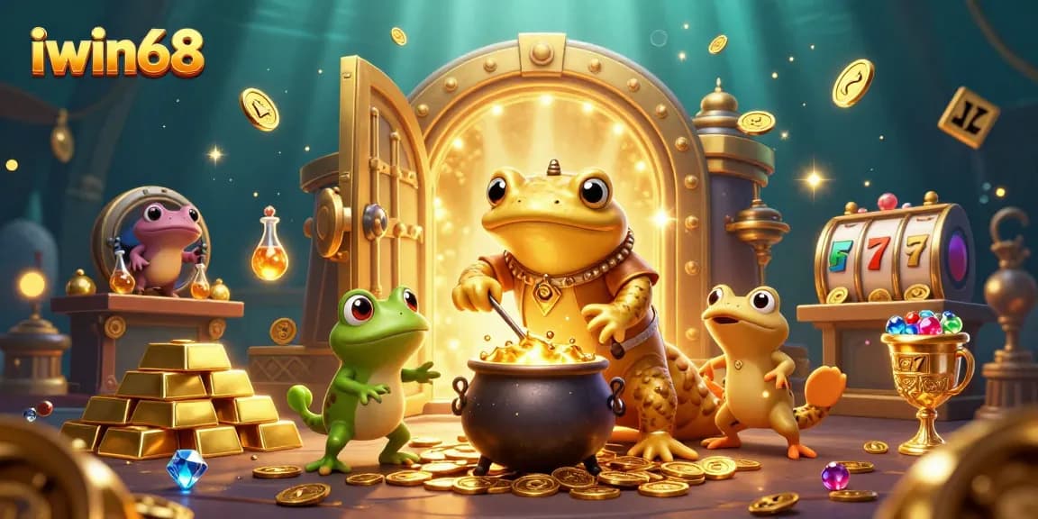 Experience the magic of iwin68 with a cartoon alchemist creating gold coins and treasures.