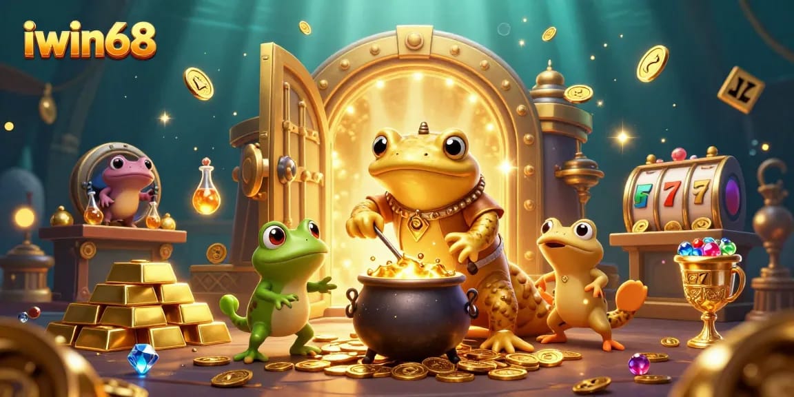 Experience the magic of iwin68 with a cartoon alchemist creating gold coins and treasures.