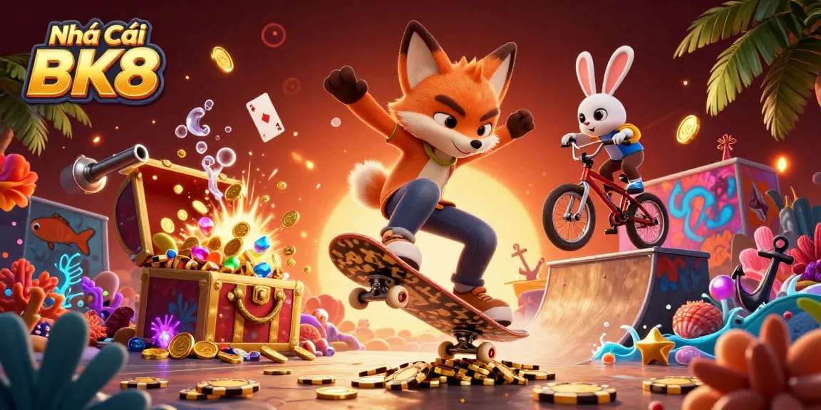 Engaging 3D illustration depicting Nhà Cái BK8 with a skateboarder fox and BMX rabbit in a dynamic casino scene.