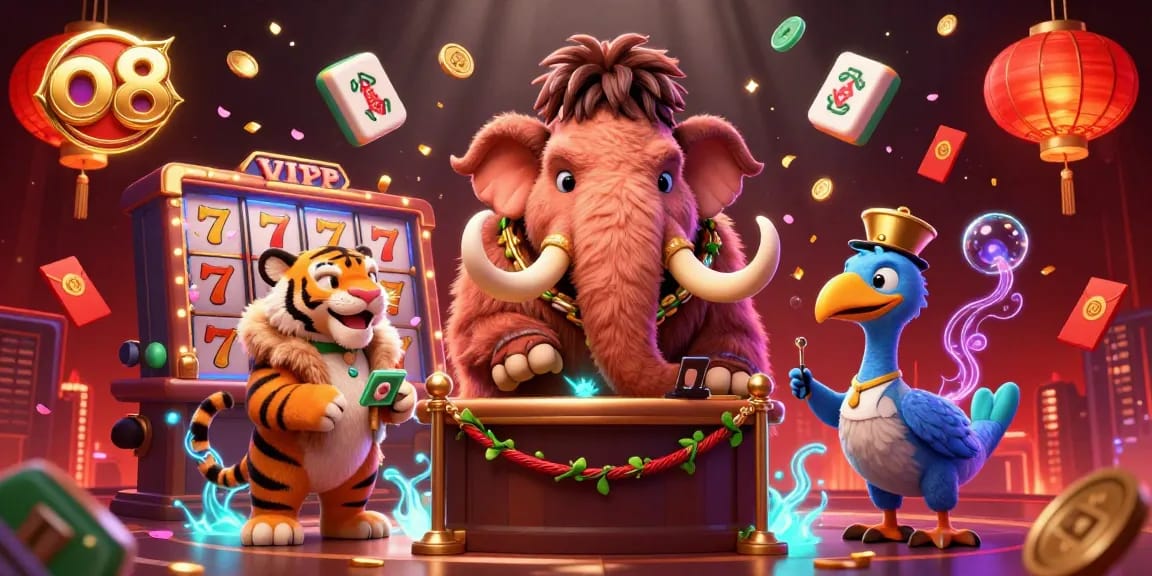 Experience the thrilling excitement of o8's casino scene featuring a woolly mammoth bouncer and vibrant game elements.