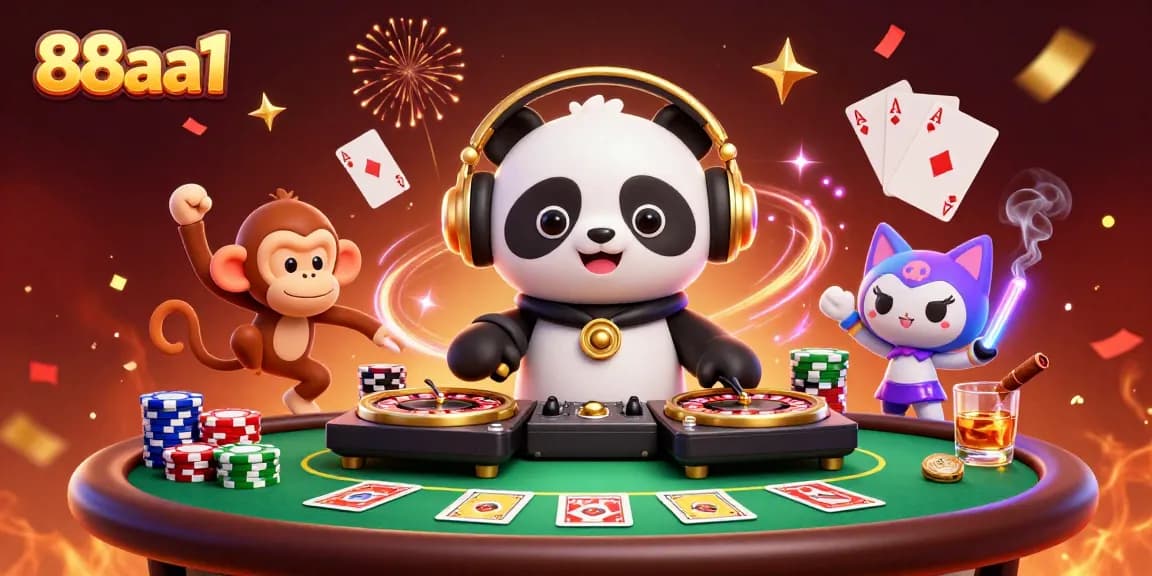 Experience the thrilling atmosphere of 88aa1 with this vibrant casino scene filled with characters and gaming elements.