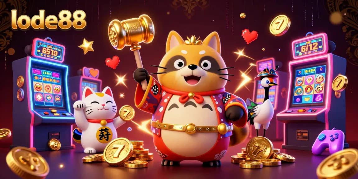 Experience thrilling winnings at lode88 with a vibrant casino scene featuring animated characters and slot machines.