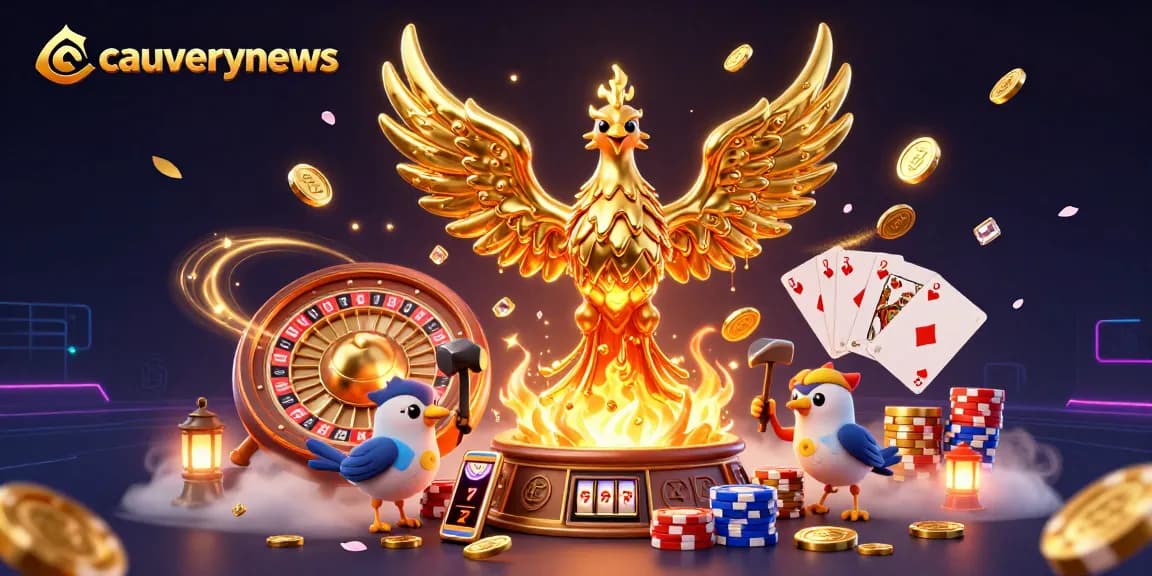 Cauverynews showcases players winning big with golden coins and vibrant casino elements in a captivating illustration