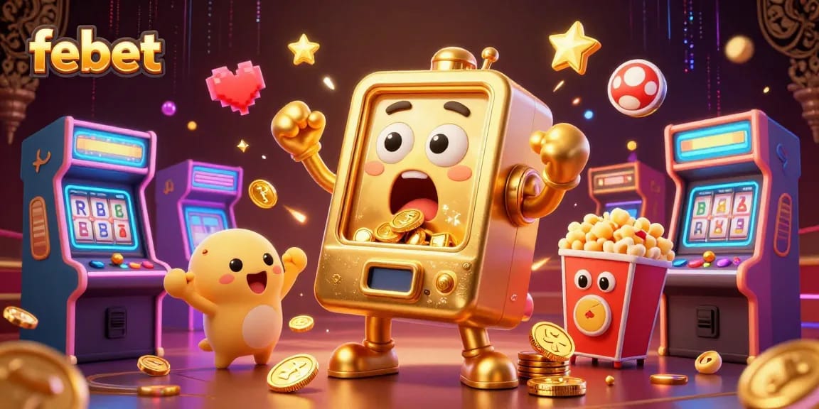 febet slot machine celebrating a jackpot with golden coins pouring out, surrounded by arcade games