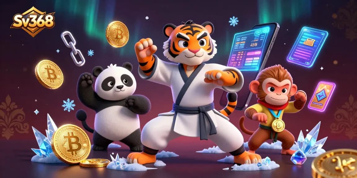 Engage with Sv368 through an energetic scene of a kung fu tiger master and characters embodying the thrill of online gaming.