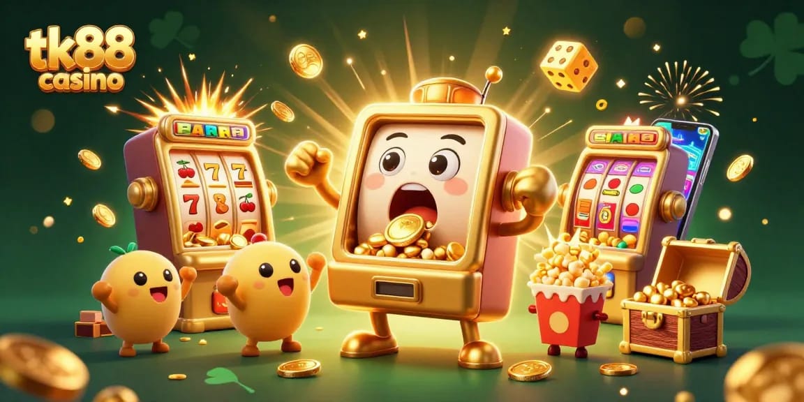 Experience winning at tk88 casino with a joyful golden slot machine celebrating a jackpot.