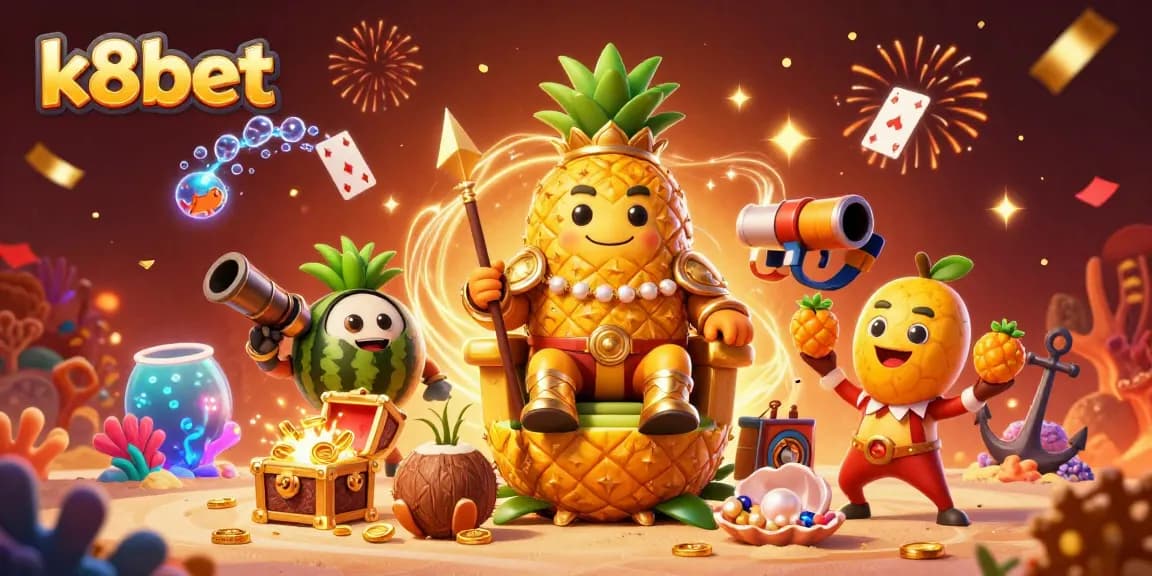 Experience the vibrant world of k8bet with dynamic characters and casino-themed elements in a colorful scene.