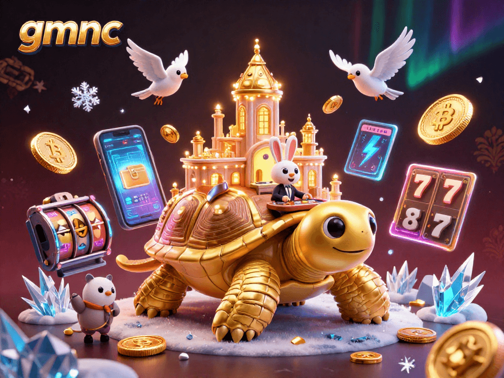 Engage with the exciting world of gmnc through a vibrant casino scene featuring a tortoise carrying a miniature casino.