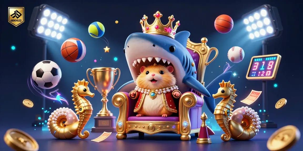 Discover the fierce golden hamster king on his megalodon throne in the vibrant alo8z casino scene.